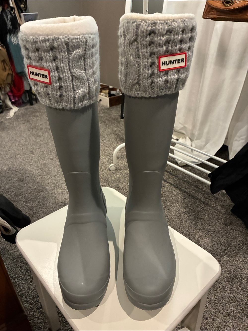 Hunter Gray Knee-High Rain Boots with Knit Cuffs